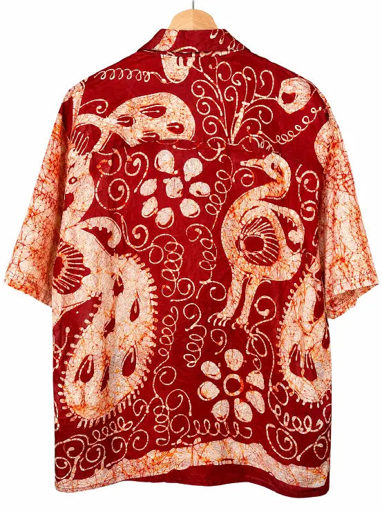 Camicia in Seta Sari Batik Animali Rosso e Arancio Unisex - Taglia XL