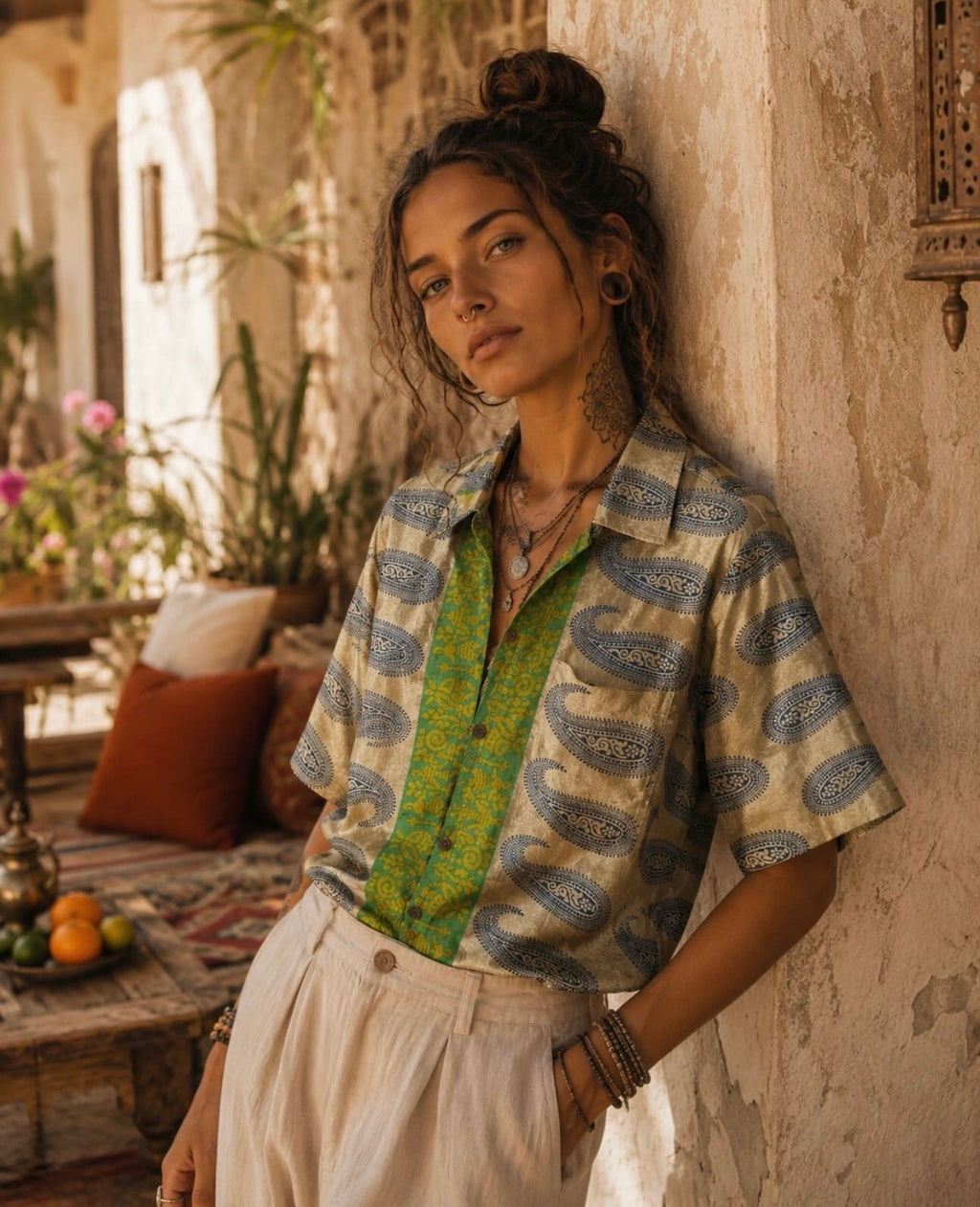 Camicia Paisley Etnica Beige e Blu Vintage - Taglia S CAMICIE PARTICOLARI