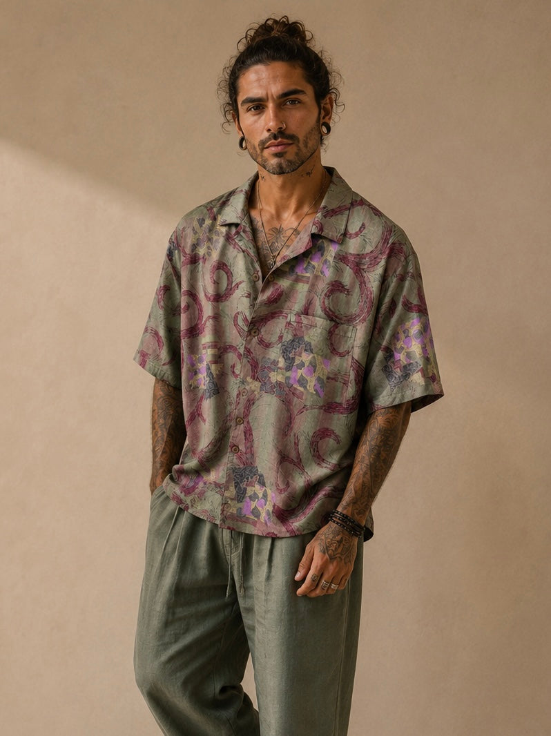 Camicia Etnica in Seta Sari Vintage Cangiante Salvia - Taglia S