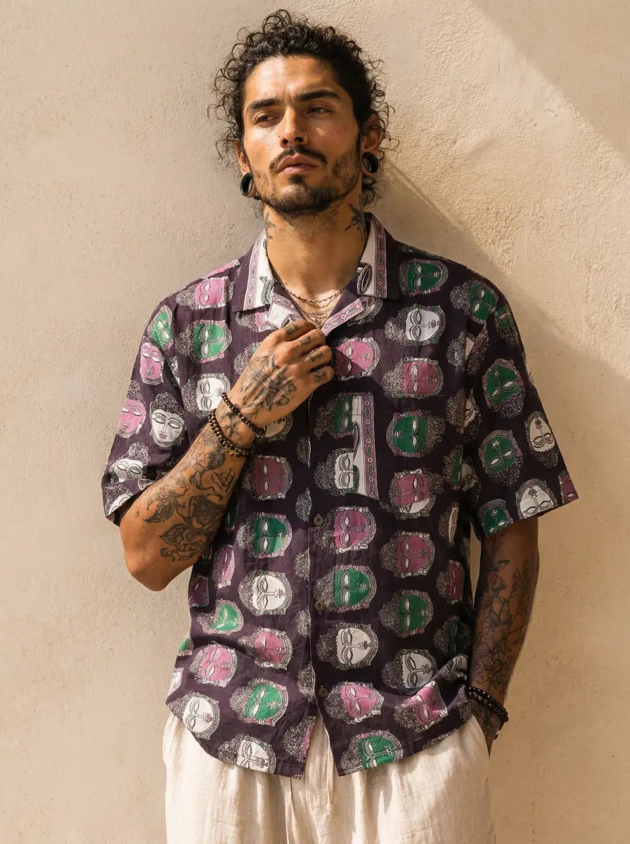 Camicia Etnica Sari Block Print Volti Stilizzati - Taglia L