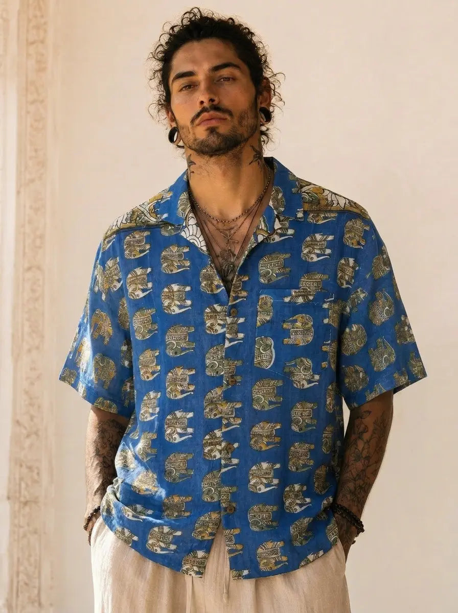 Camicia Etnica Sari Block Print Elefanti - Taglia XL