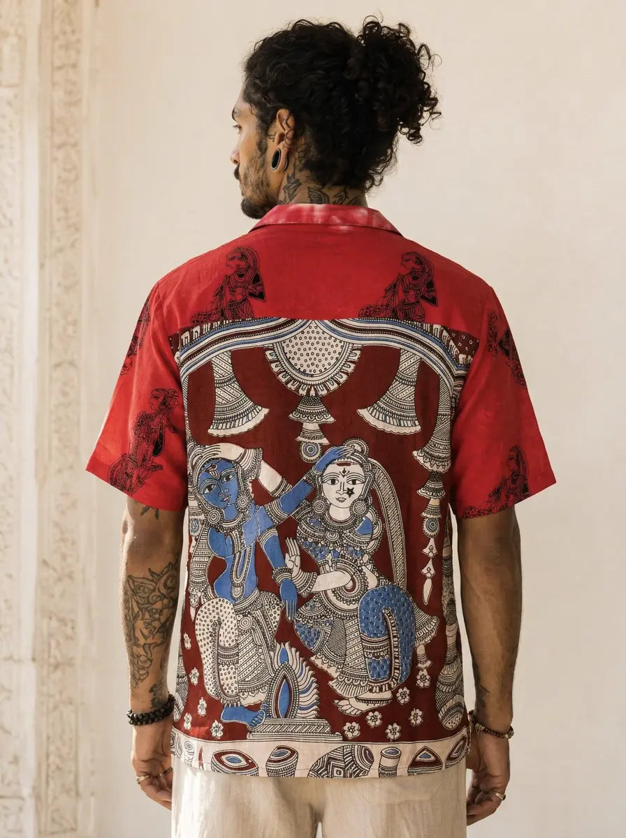 Camicia Etnica Sari Block Print Rosso Krishna Radha - Taglia M