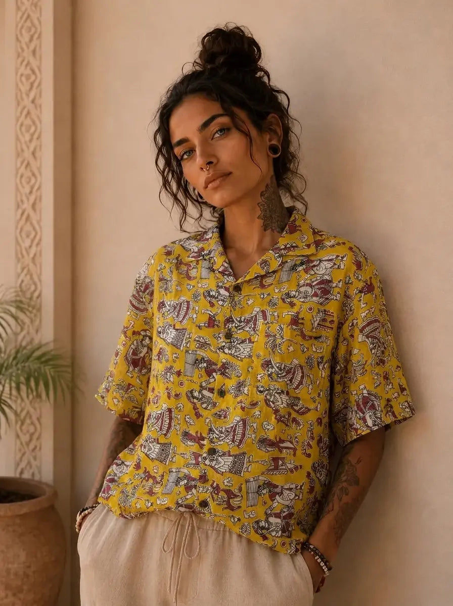 Camicia Etnica Sari Block Print Scene Narrative - Taglia S