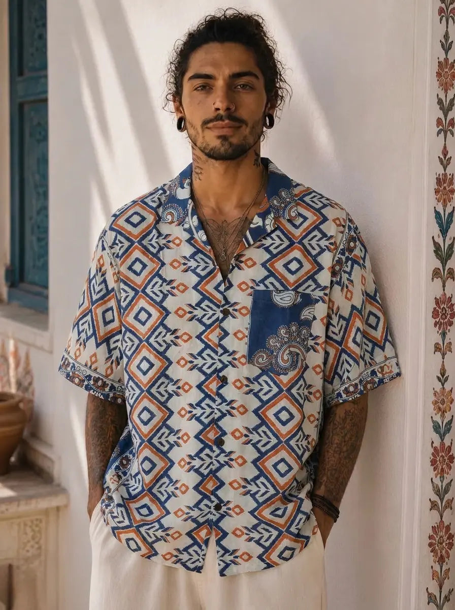 Camicia Etnica Sari Block Print Geometrica - Taglia XL