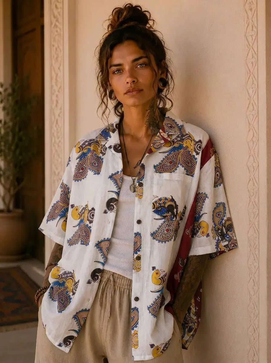 Camicia Etnica Sari Block Print Bianco Paisley Kalamkari - Taglia L