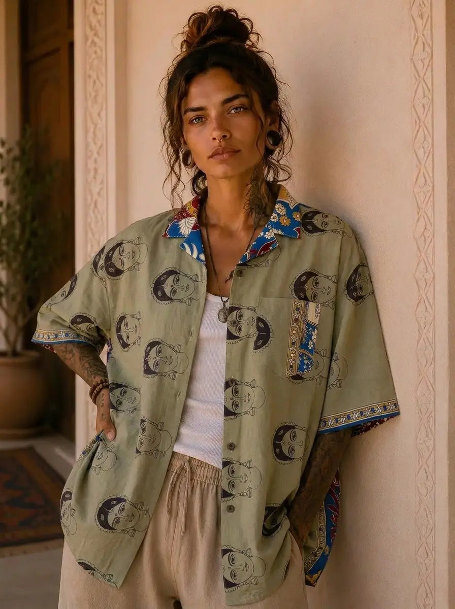 Camicia Sari Block Print Volti Devi Verde Salvia Unisex - Taglia L