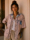 Camicia Etnica Sari Block Print Rosa Antico Figure Unisex - Taglia XL