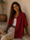 Camicia in Seta Sari Rosso Chevron Tono su Tono Unisex - Taglia S