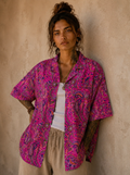 Camicia in Seta Sari Fucsia Paisley Millefiori Navy Unisex - Taglia S