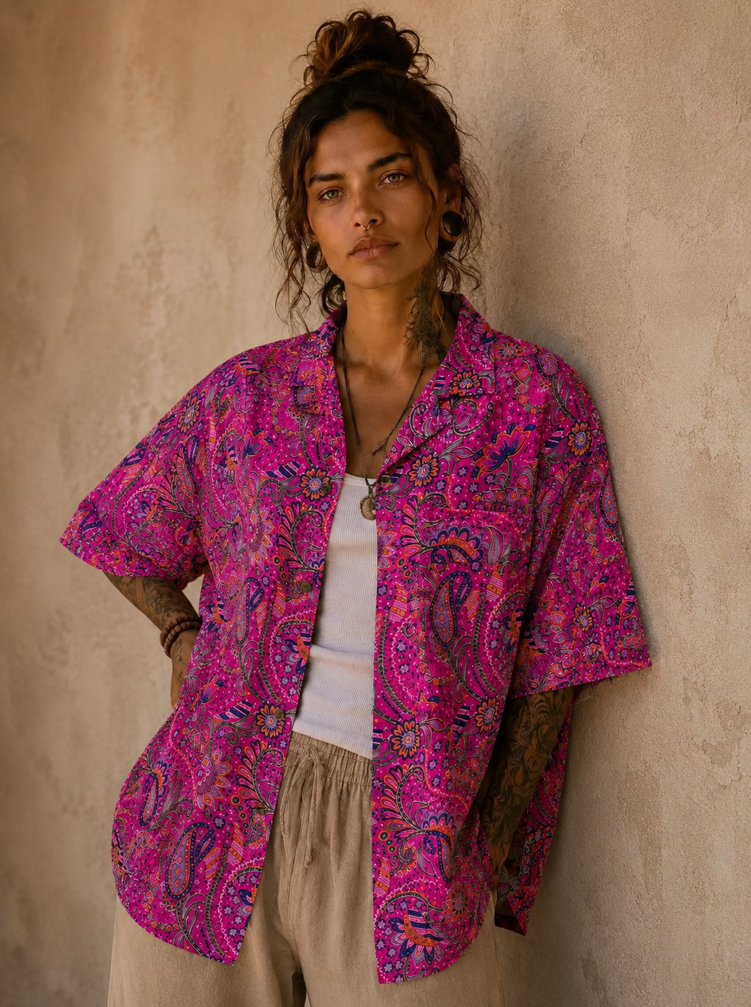 Camicia in Seta Sari Fucsia Paisley Millefiori Navy Unisex - Taglia S