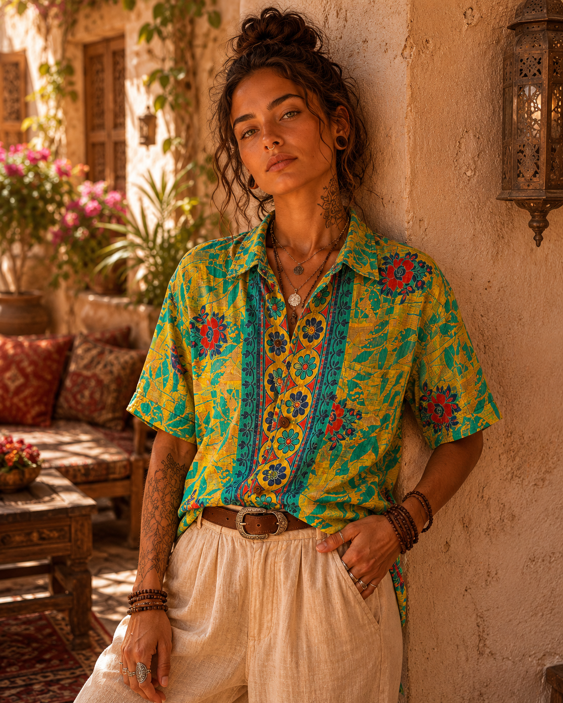 Camicia Etnica Gialla Teal - Floreale Tropicale Boho Sari - Taglia L