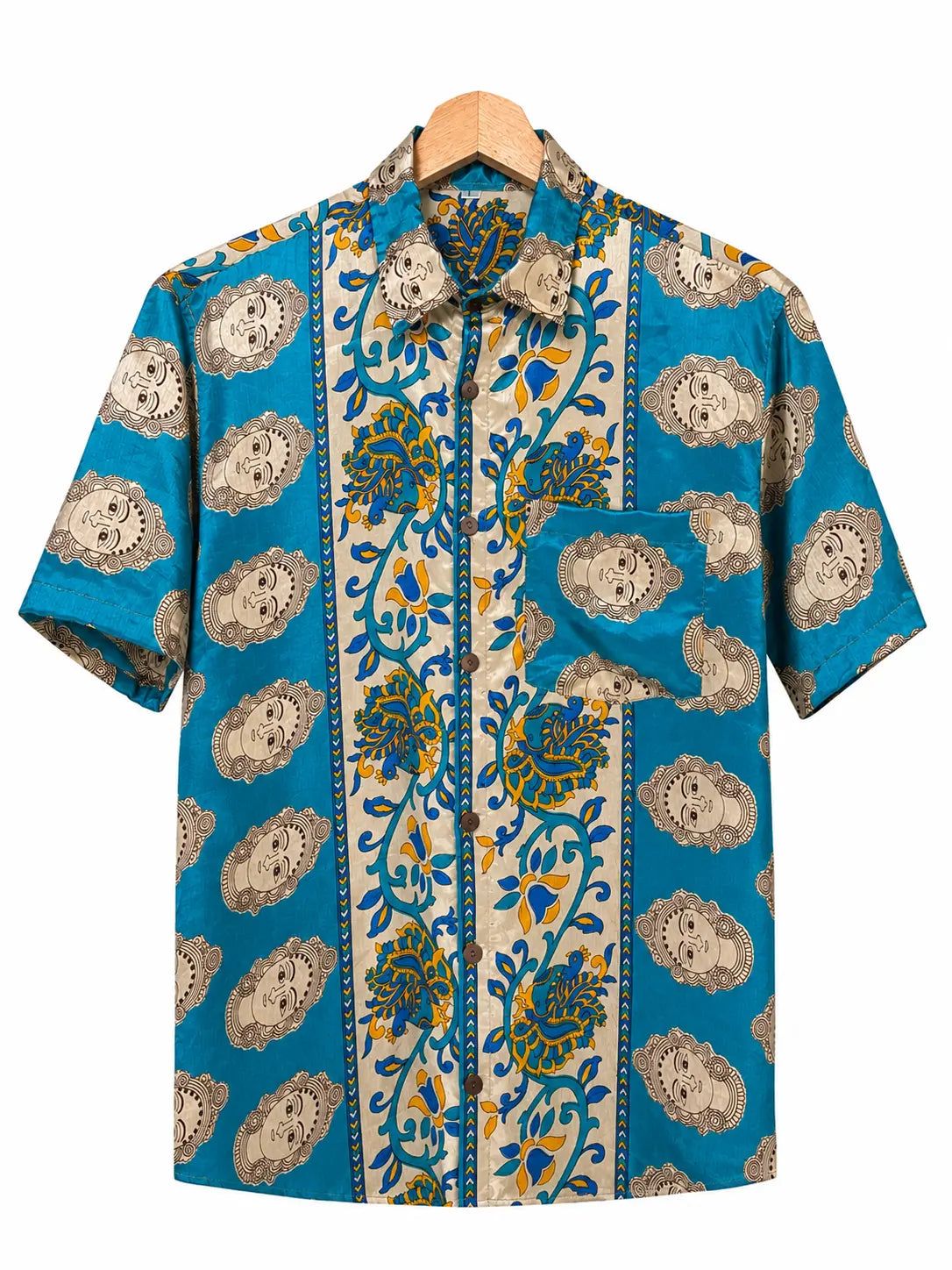 Camicia Sari Etnica Turchese Divinità Indiane Floreale - Taglia L