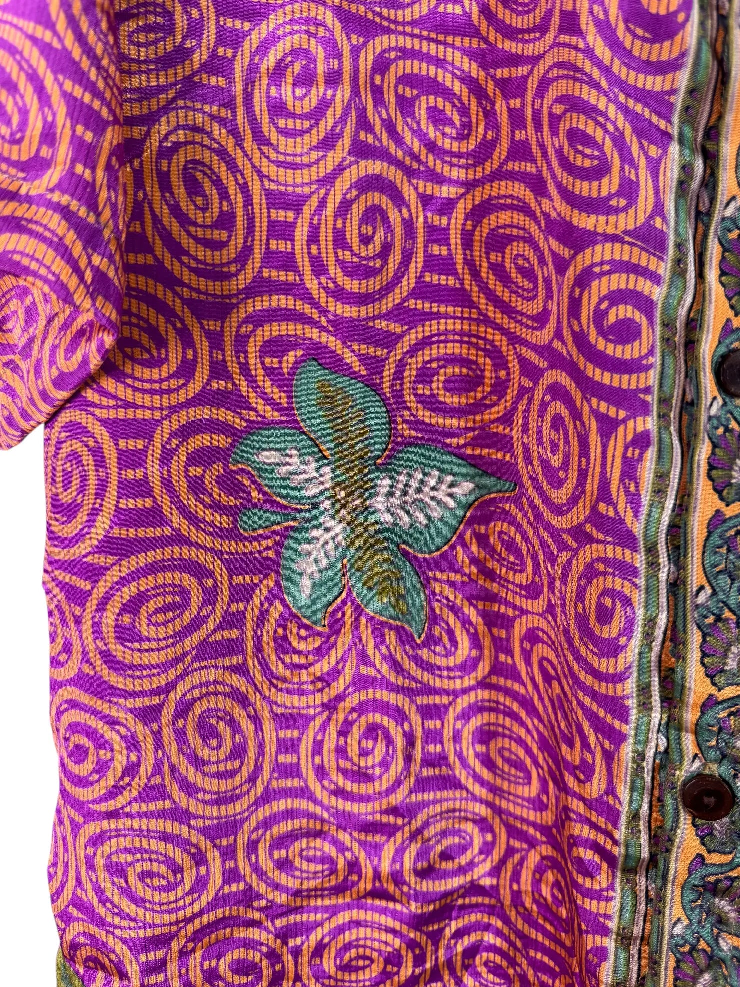 Camicia Sari Etnica Viola Spirali Arancio Fiori Verdi Unisex - Taglia M