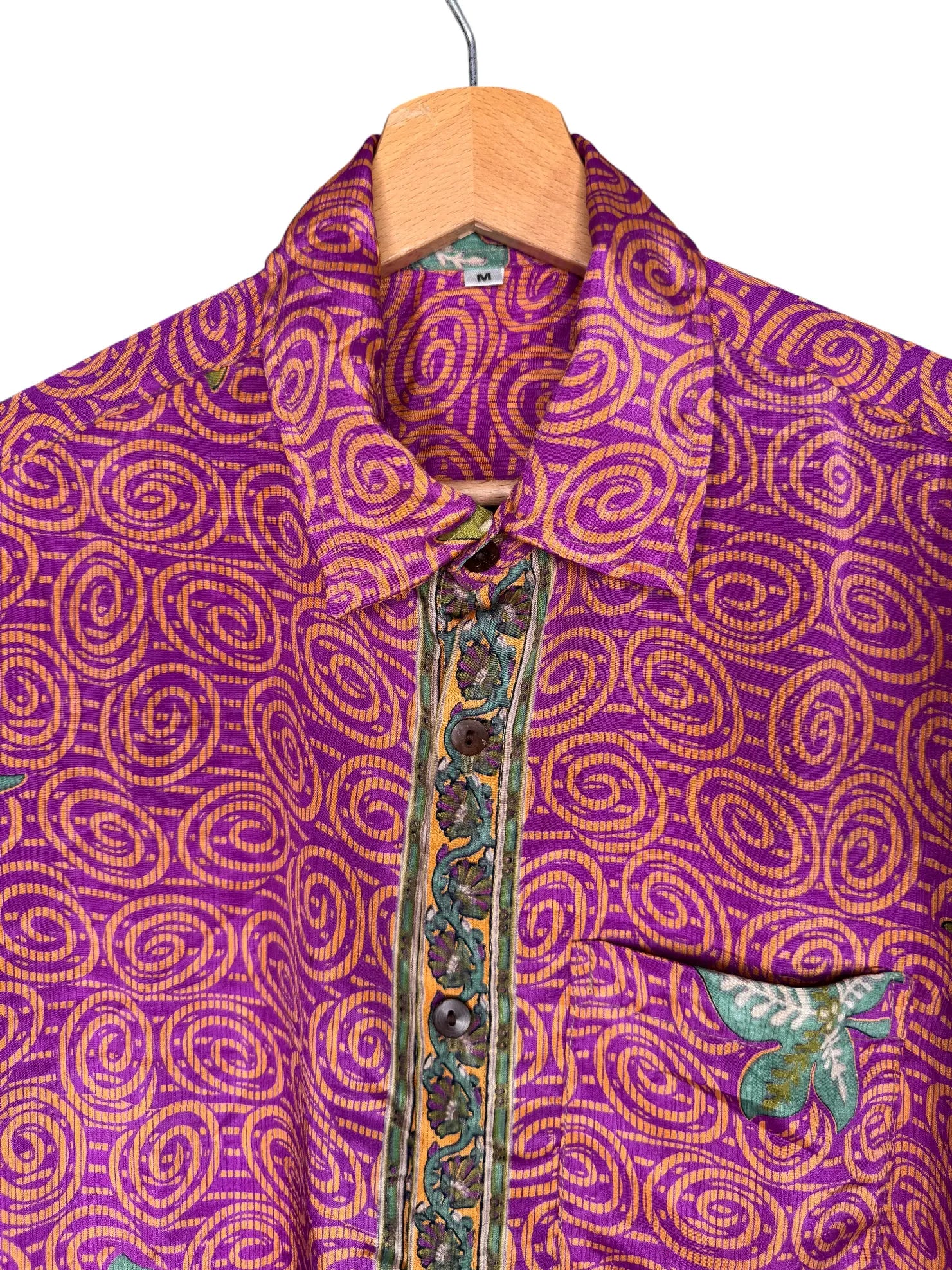 Camicia Sari Etnica Viola Spirali Arancio Fiori Verdi Unisex - Taglia M