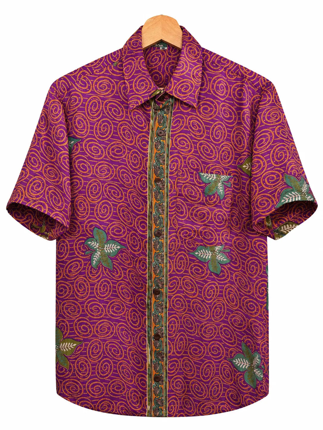 Camicia Sari Etnica Viola Spirali Arancio Fiori Verdi Unisex - Taglia M