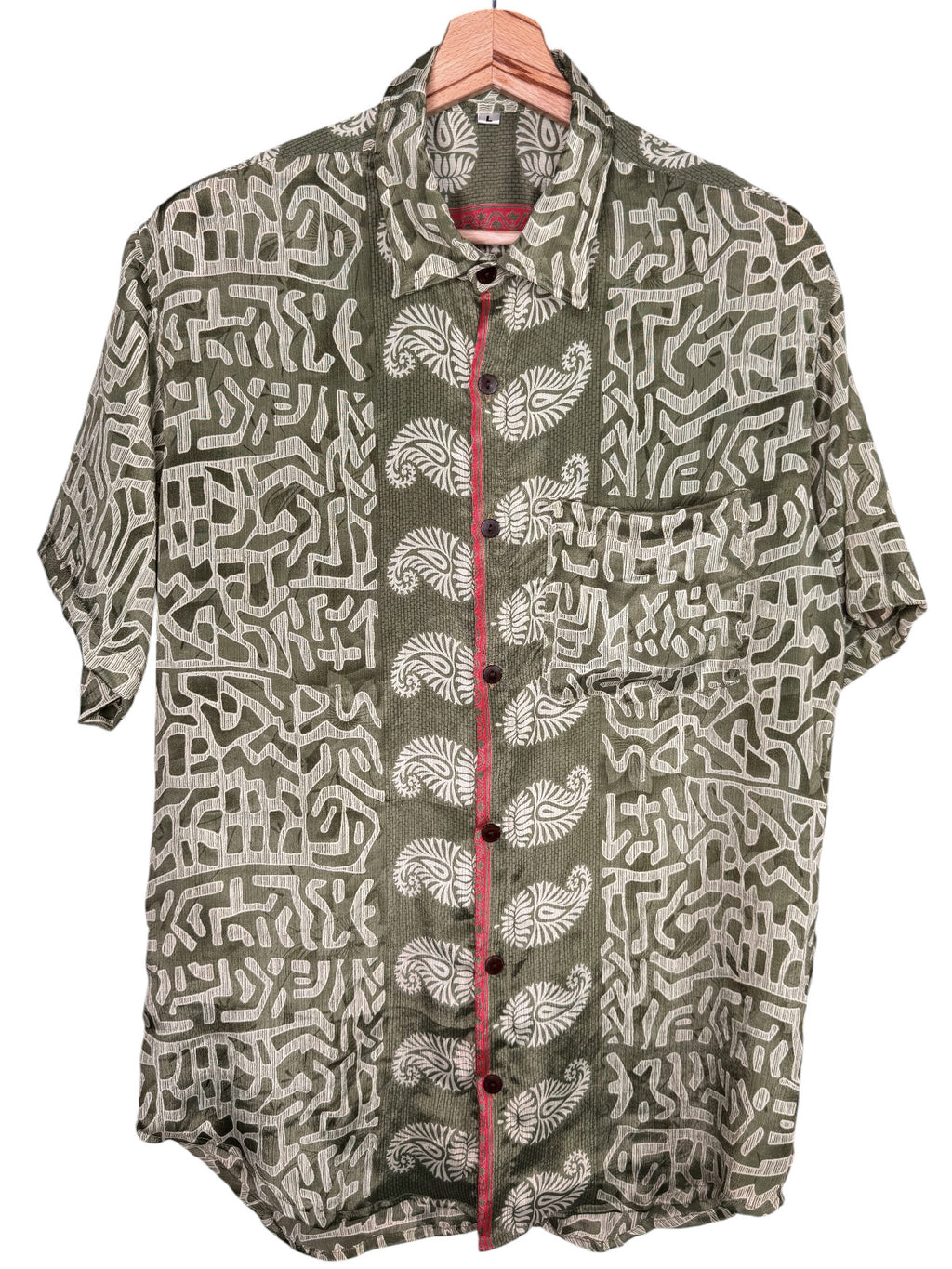Camicia Sari Etnica Verde Oliva Scrittura Tribale Unisex - Taglia L