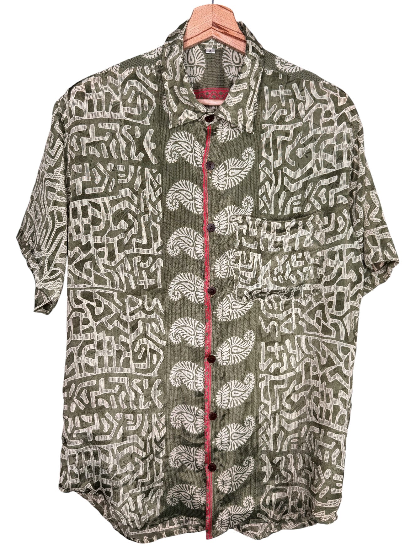 Camicia Sari Etnica Verde Oliva Scrittura Tribale Unisex - Taglia L