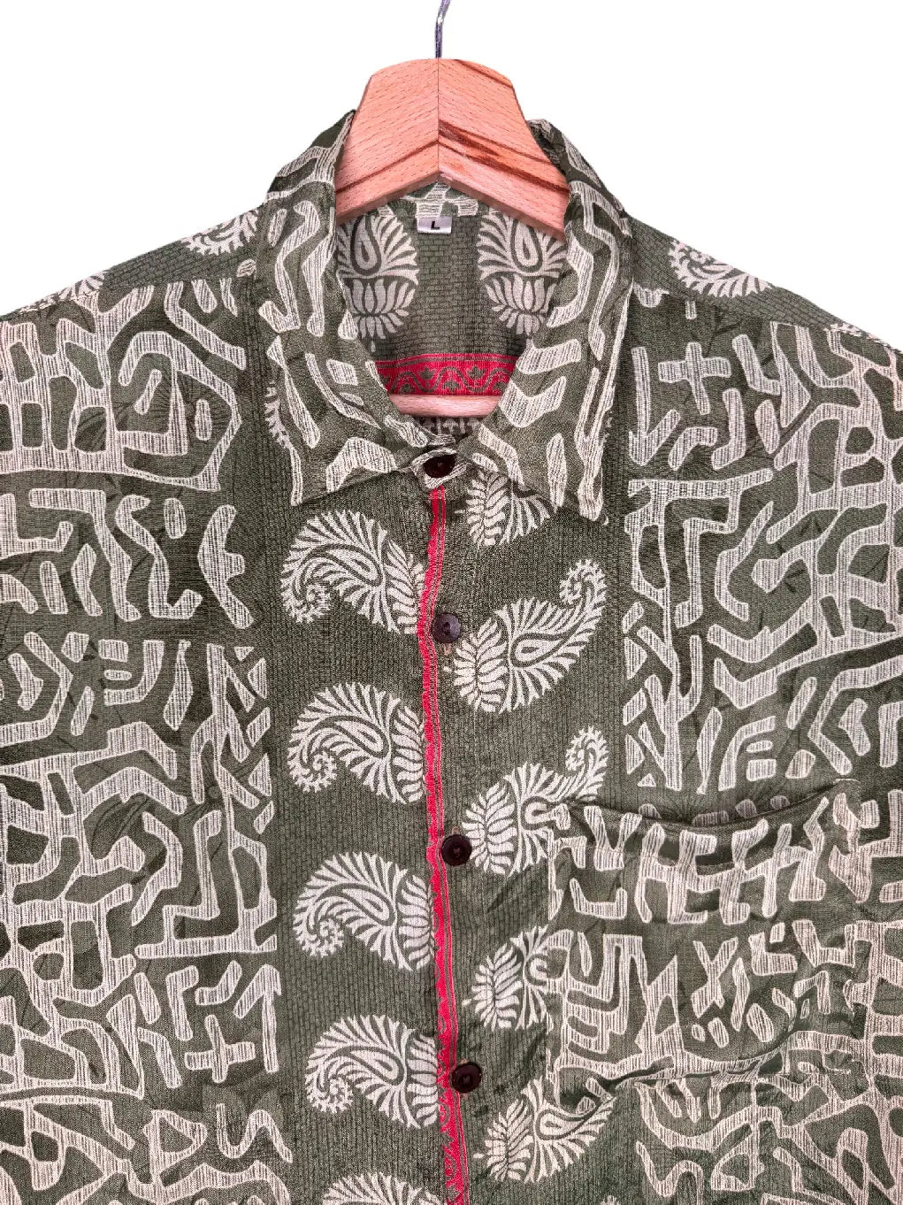 Camicia Sari Etnica Verde Oliva Scrittura Tribale Unisex - Taglia L