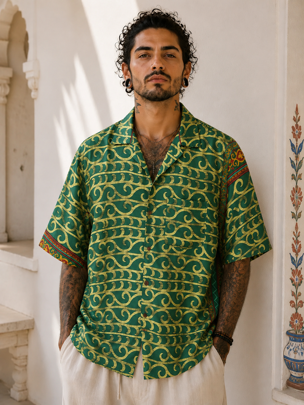 Camicia Etnica in Seta Sari Vintage Onde Verde Smeraldo - Taglia M
