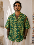Camicia Etnica in Seta Sari Vintage Onde Verde Smeraldo - Taglia M