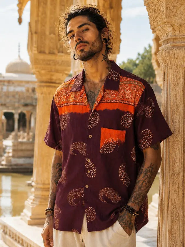 Camicia in Seta Sari Paisley Bordeaux e Arancio Unisex - Taglia L