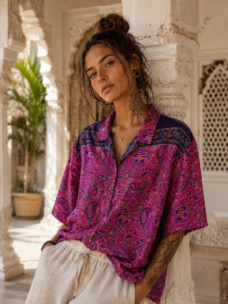 Camicia in Seta Sari Paisley Fucsia e Blu Notte Unisex - Taglia XL