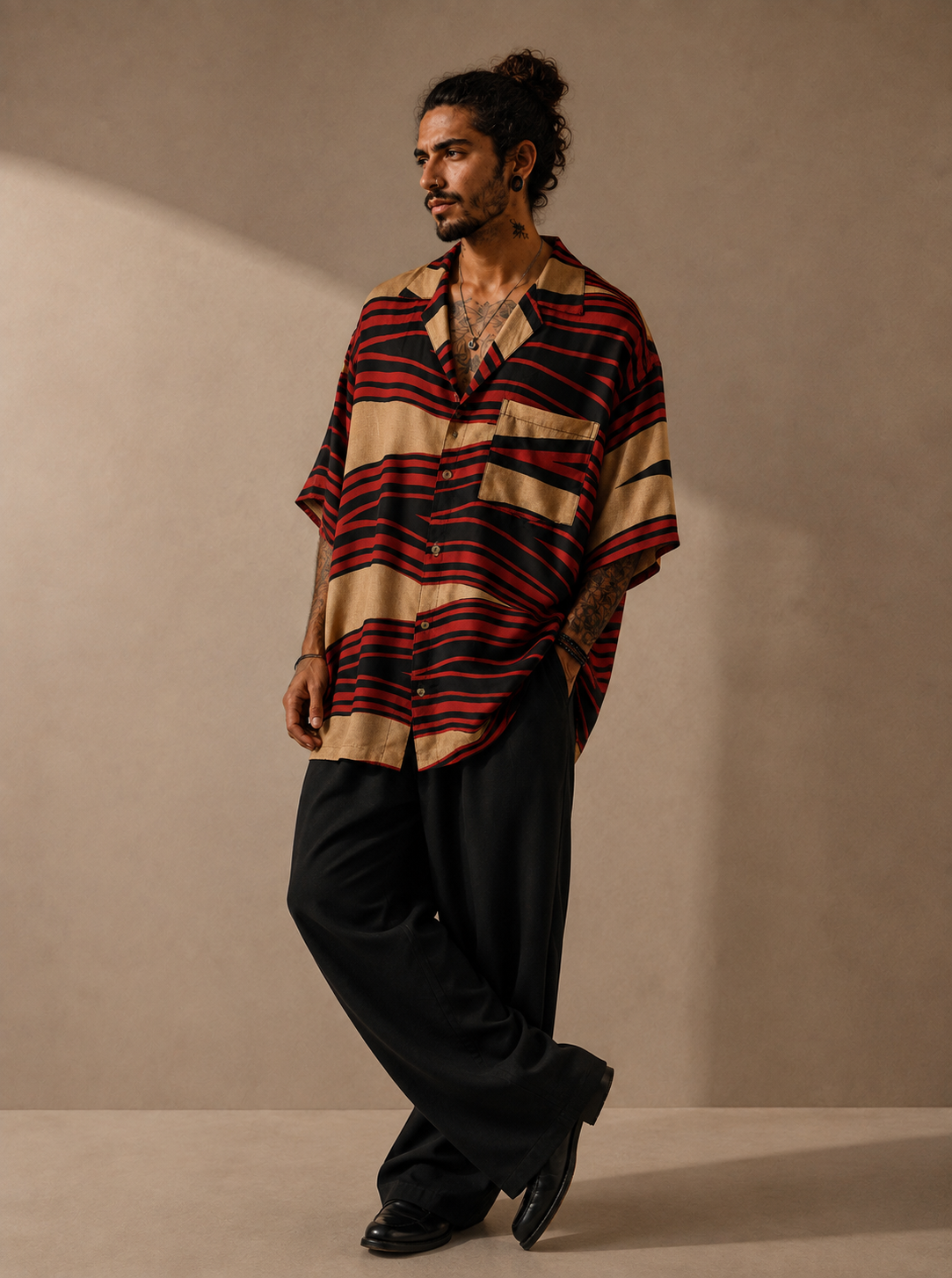 Camicia Etnica in Seta Sari Vintage Righe Fiamma - Taglia L