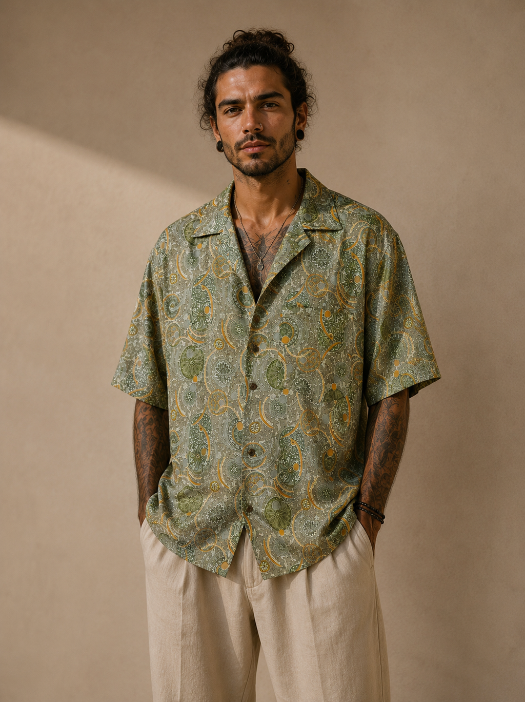 Camicia Etnica in Seta Sari Vintage Medaglioni Salvia - Taglia M