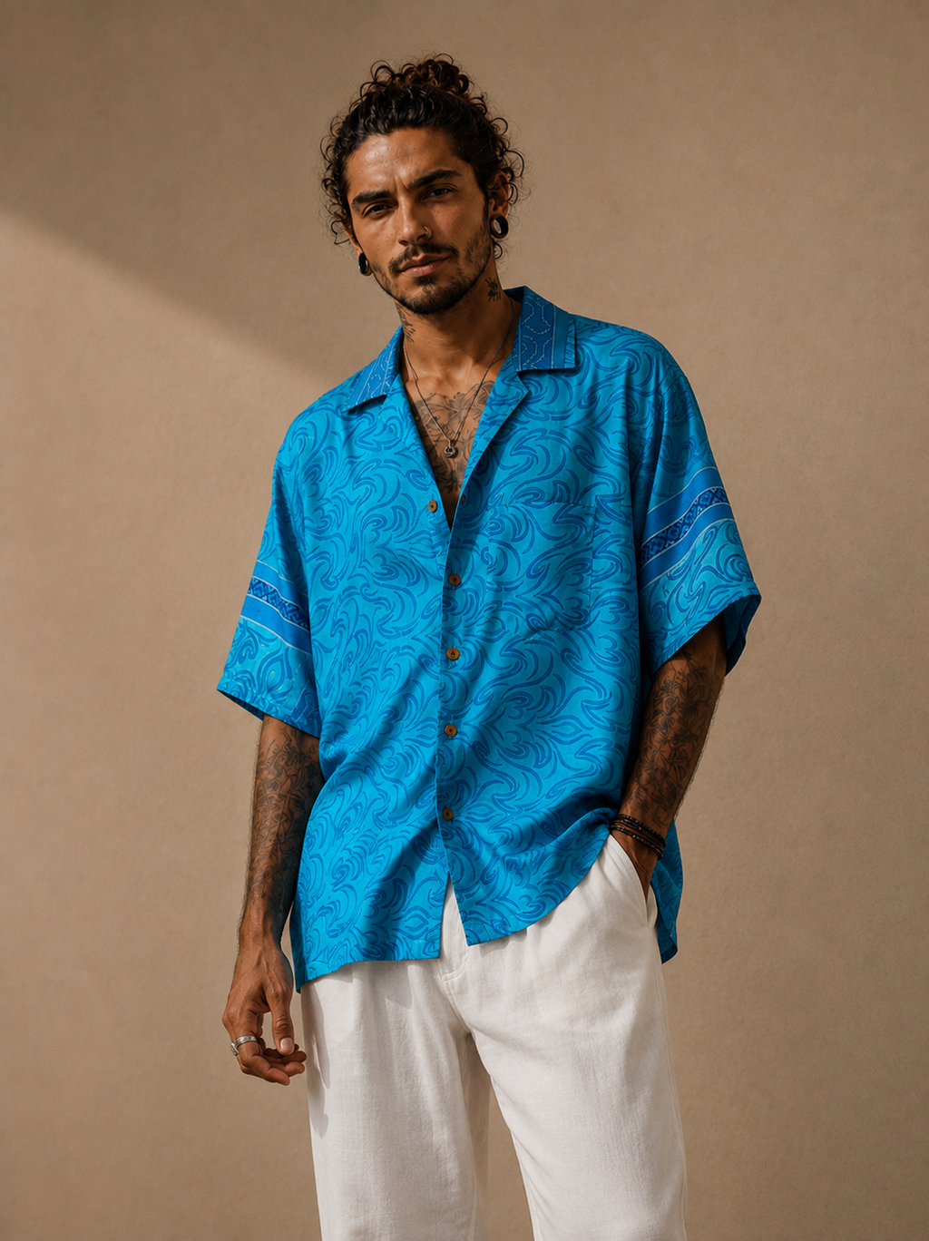 Camicia Etnica in Seta Sari Vintage Fiamme Turchese - Taglia M