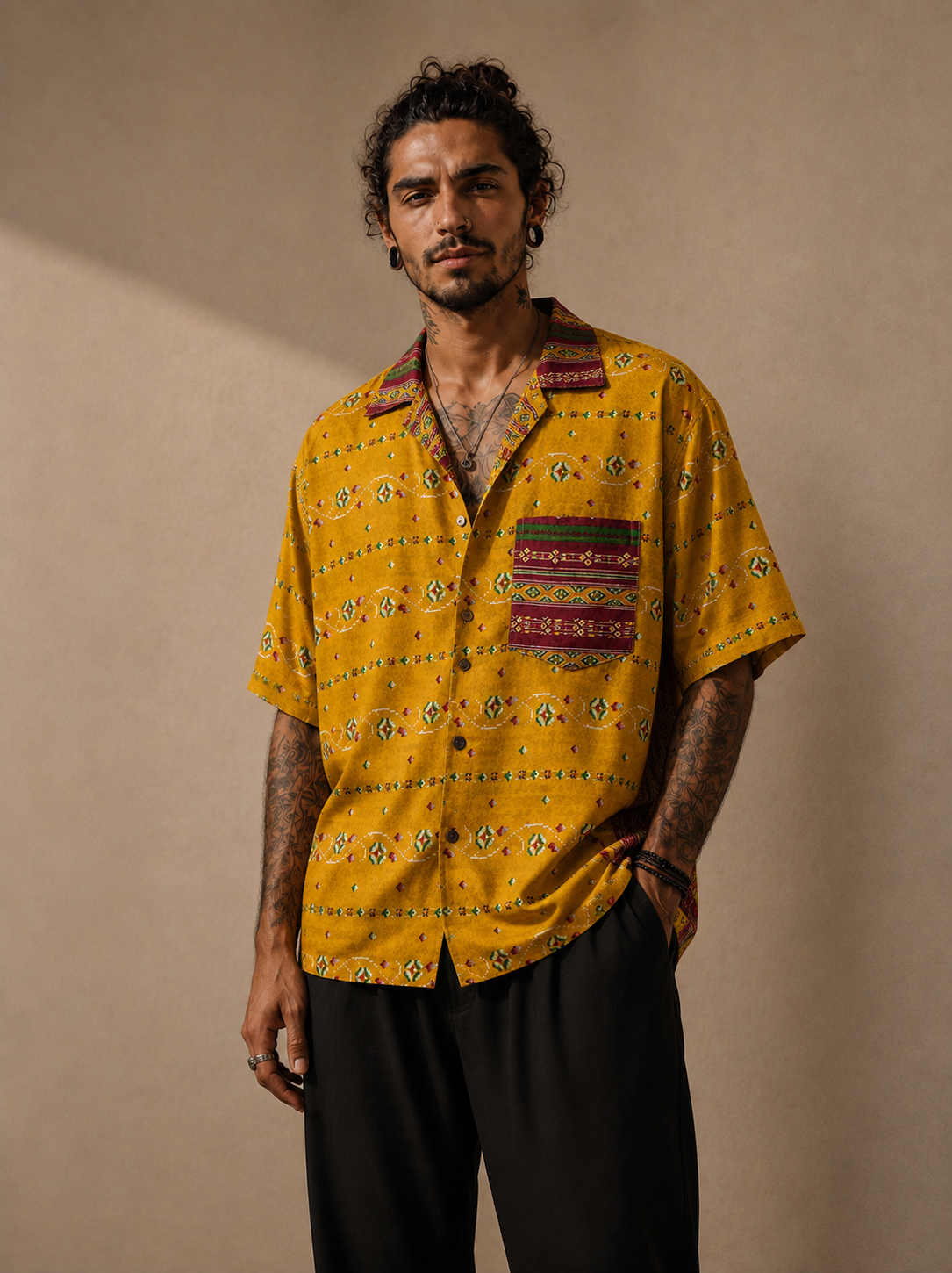 Camicia Etnica in Seta Sari Vintage Zafferano Bordeaux - Taglia L