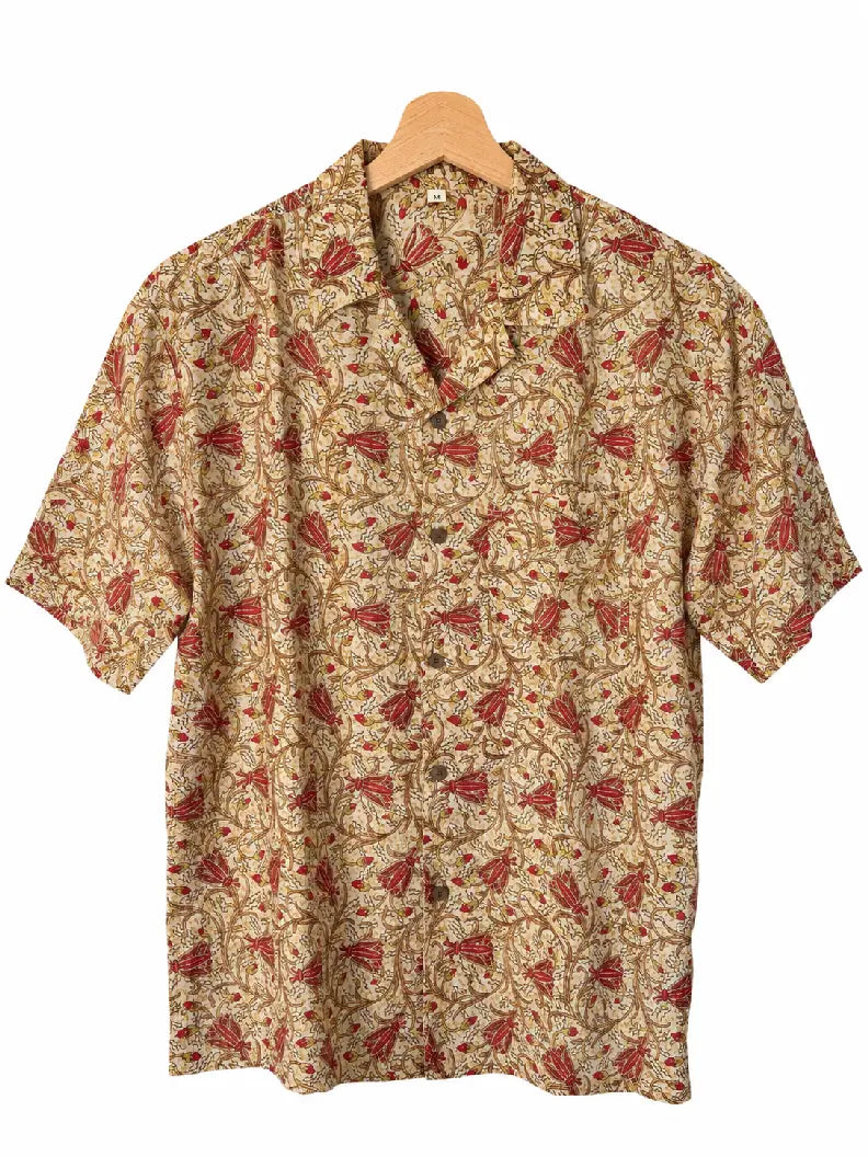 Camicia in Seta Sari Tulipani Rossi su Avorio Unisex - Taglia M
