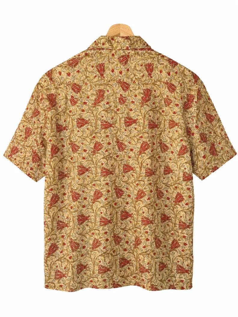 Camicia in Seta Sari Tulipani Rossi su Avorio Unisex - Taglia M