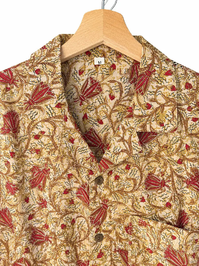 Camicia in Seta Sari Tulipani Rossi su Avorio Unisex - Taglia M