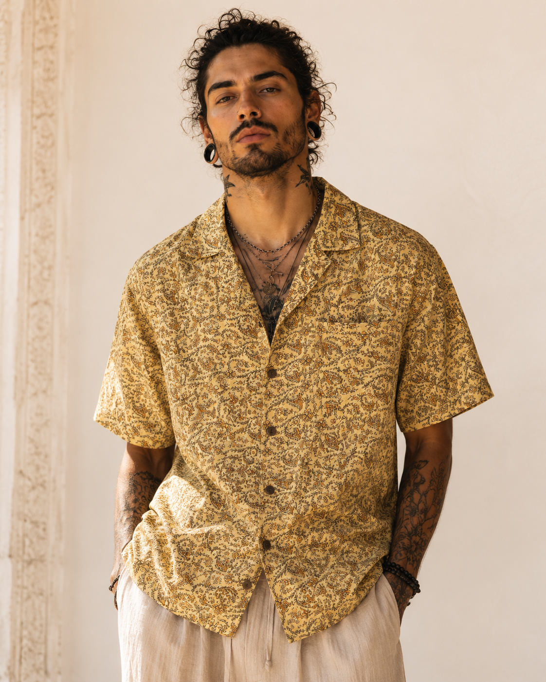 Camicia in Seta Sari Paisley Avorio e Ambra Unisex - Taglia M