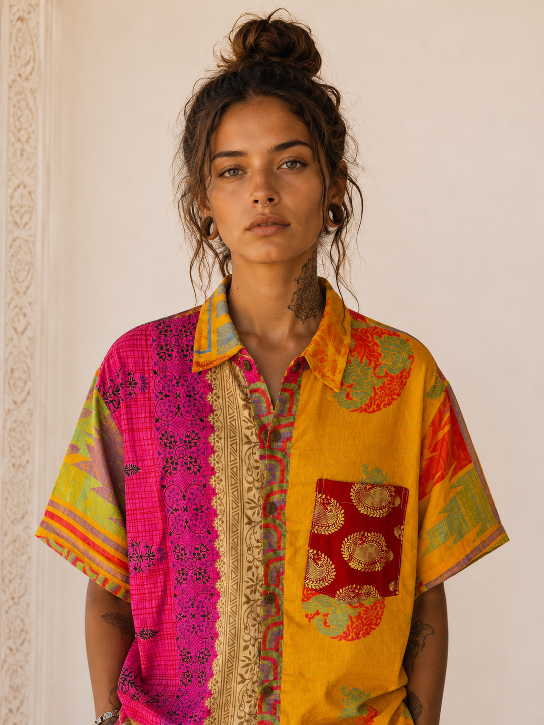 Camicia Patchwork Etnica Multicolor Boho Vintage Unisex - Taglia S