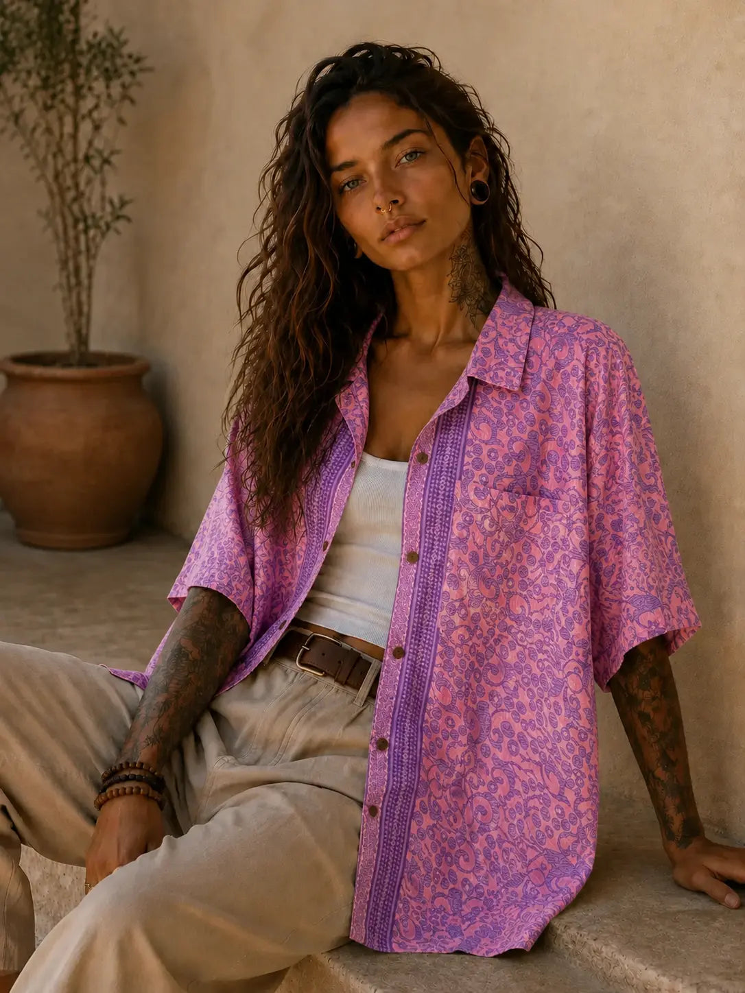 Camicia Etnica Rosa Viola - Paisley Sari - Unisex Festival - Taglia L