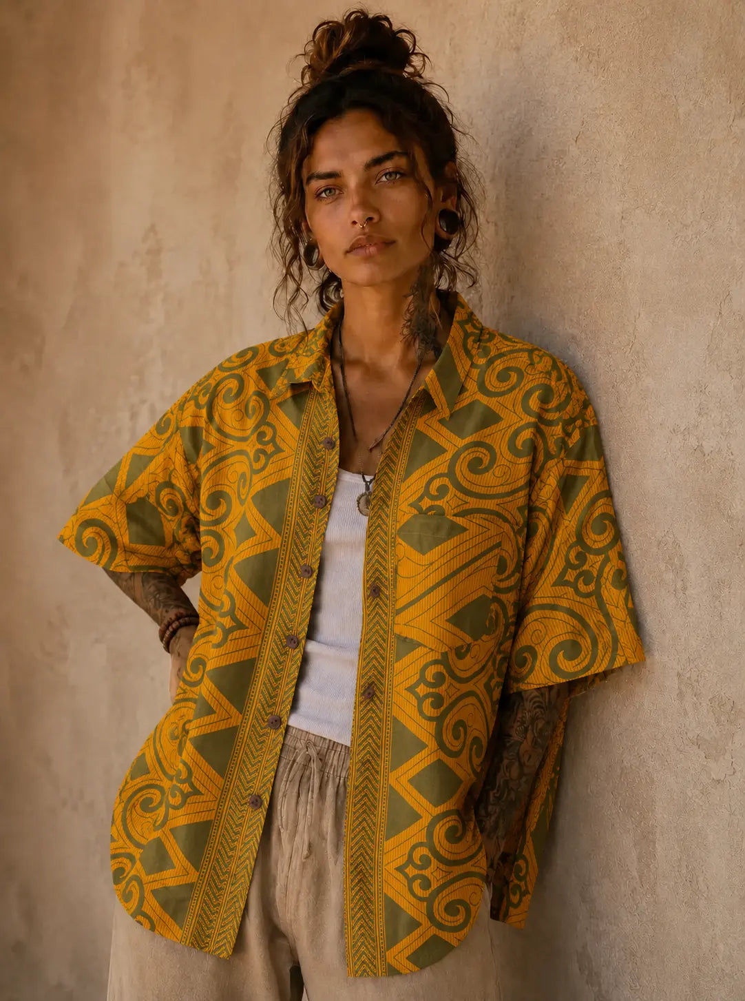 Camicia Etnica Arancio Verde Geometrica Boho Sari - Unisex - Taglia L
