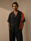 Camicia Etnica in Seta Sari Vintage Pois Nero Arancio - Taglia L