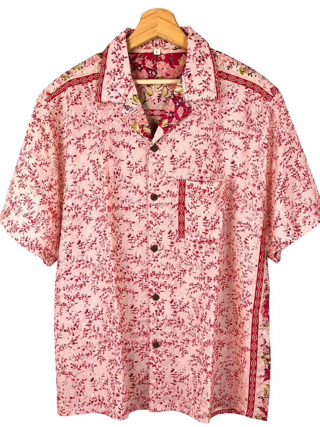 Camicia in Seta Sari Rosa Cipria Ramoscelli e Rose Unisex - Taglia L