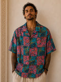 Camicia in Seta Sari Astratta Turchese e Rosa Unisex - Taglia S