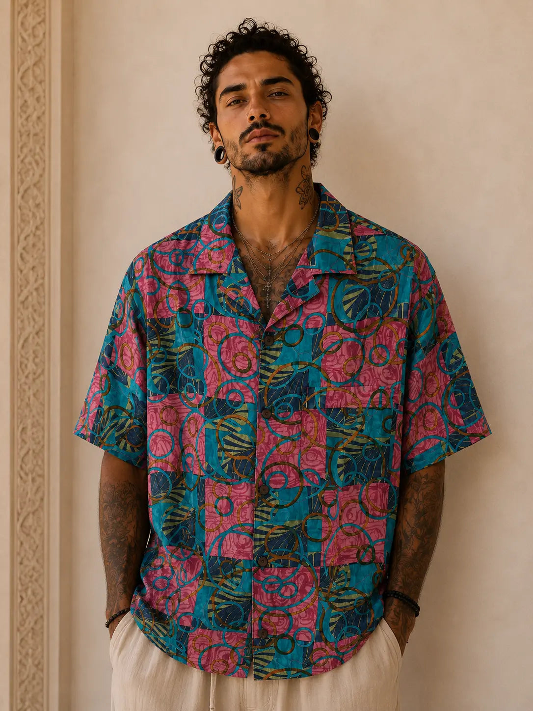 Camicia in Seta Sari Astratta Turchese e Rosa Unisex - Taglia S