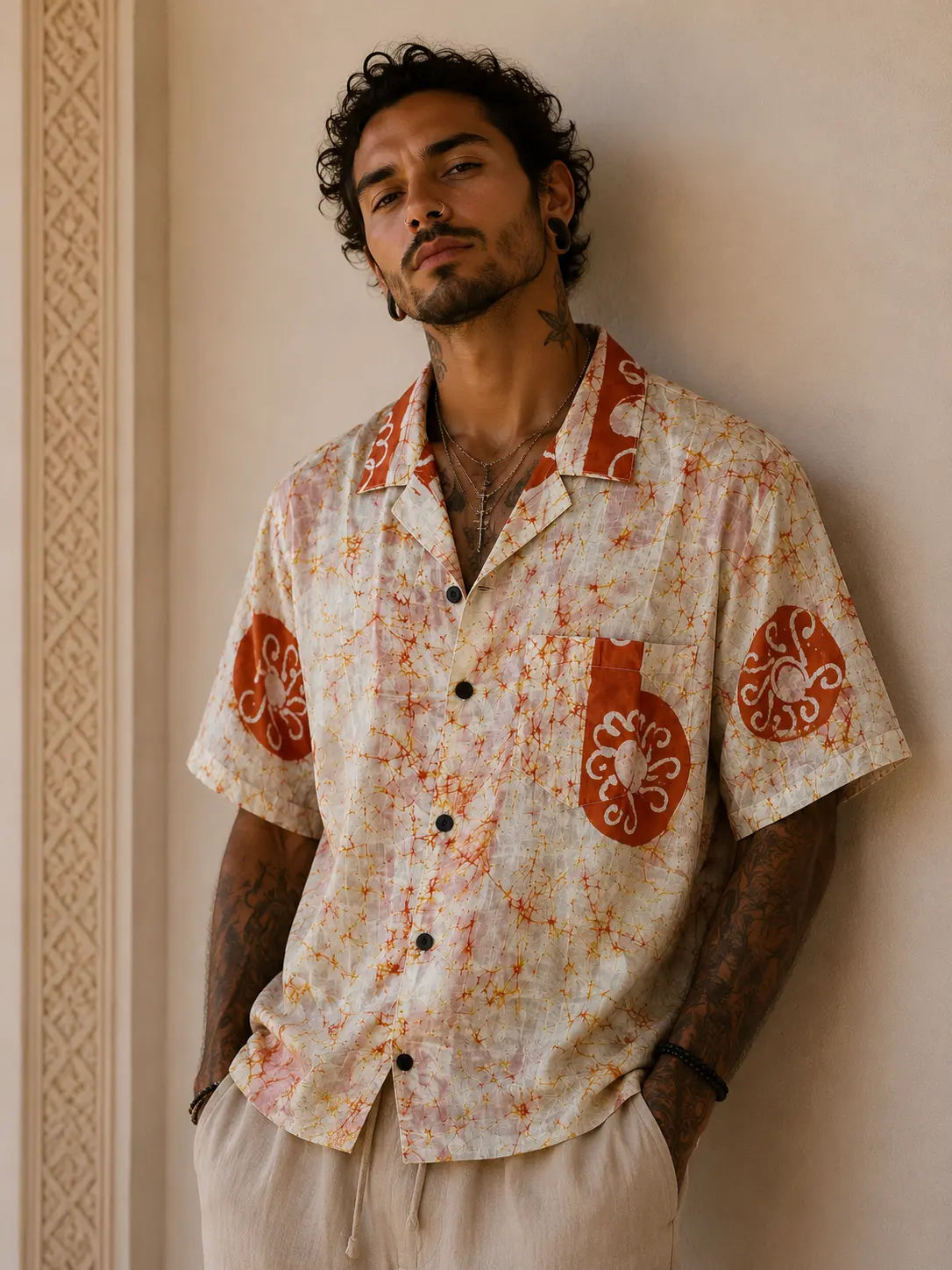 Camicia in Seta Sari Batik Avorio e Terracotta Unisex - Taglia S