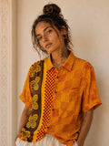 Camicia Etnica Geometrica Gialla e Rossa Sari Upcycled - Taglia M CAMICIE PARTICOLARI
