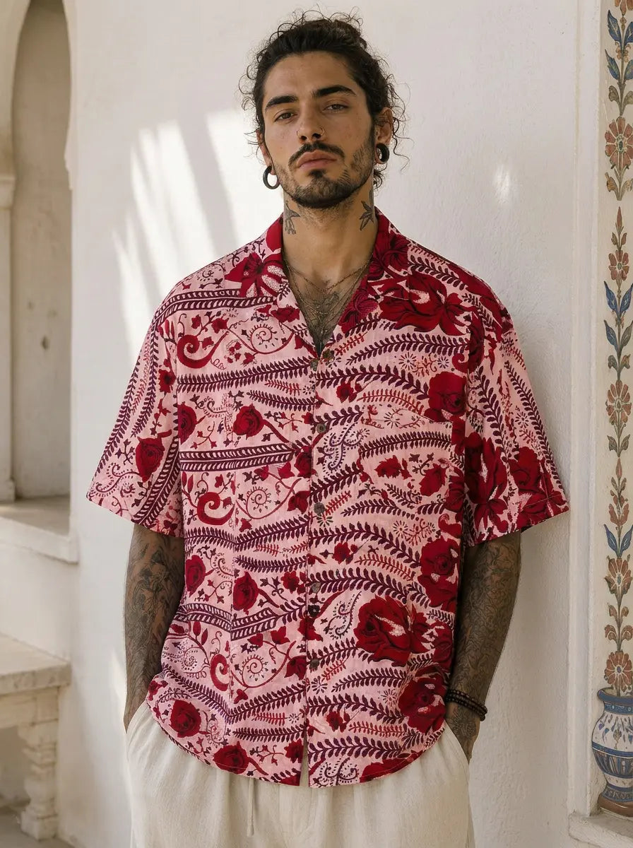 Camicia in Seta Sari Rose e Felci Rosso e Rosa Unisex - Taglia L CAMICIE PARTICOLARI