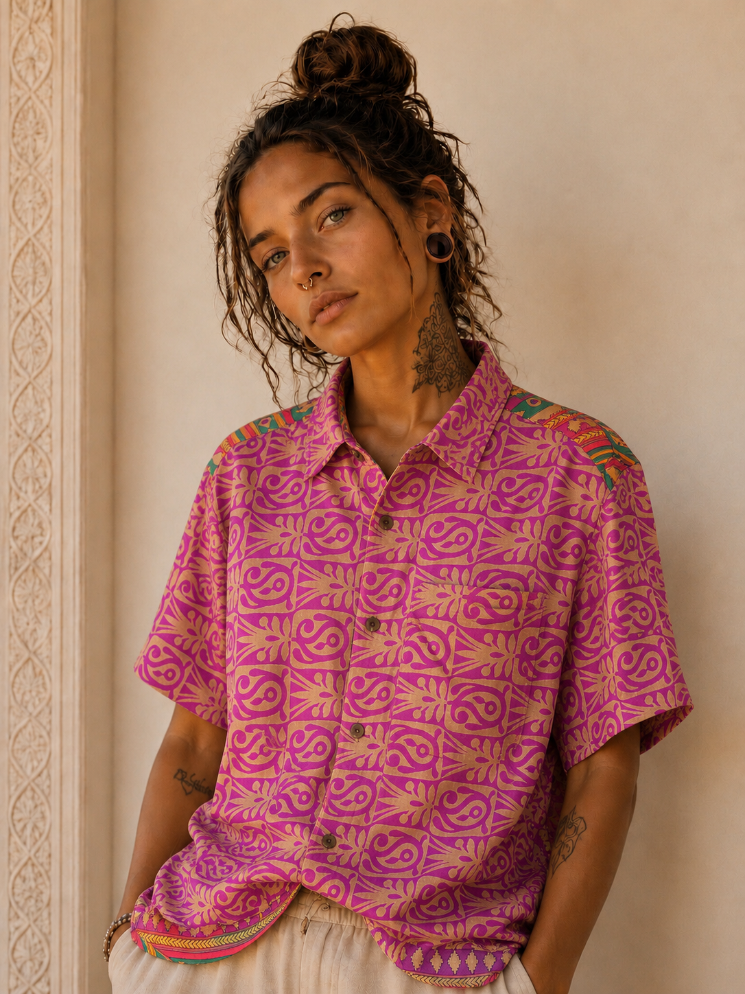 Camicia Etnica Rosa e Turchese Fantasia Vintage - Taglia M CAMICIE PARTICOLARI