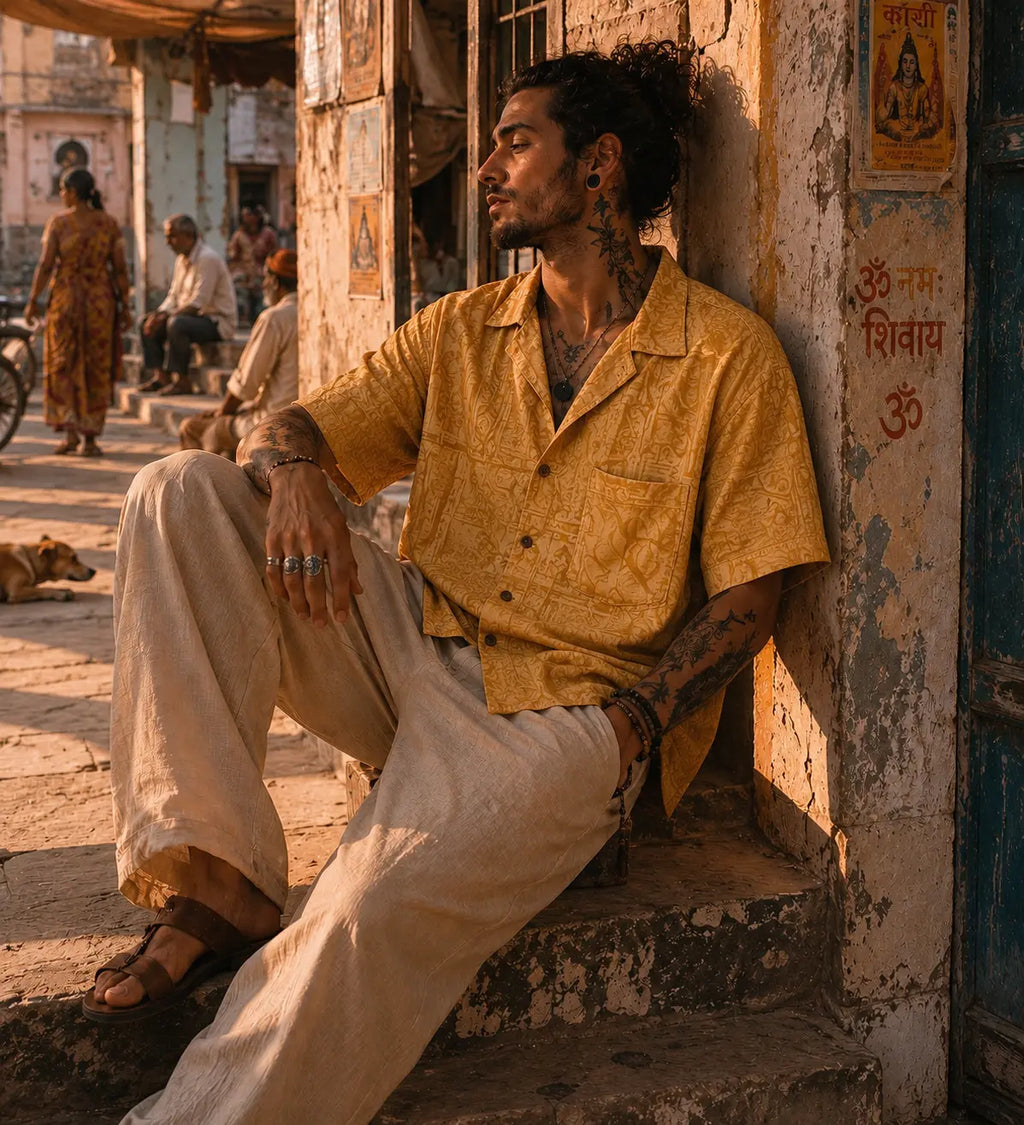 Camicia in Seta Sari Tribale Tono su Tono Ocra e Arancio - Taglia M CAMICIE PARTICOLARI