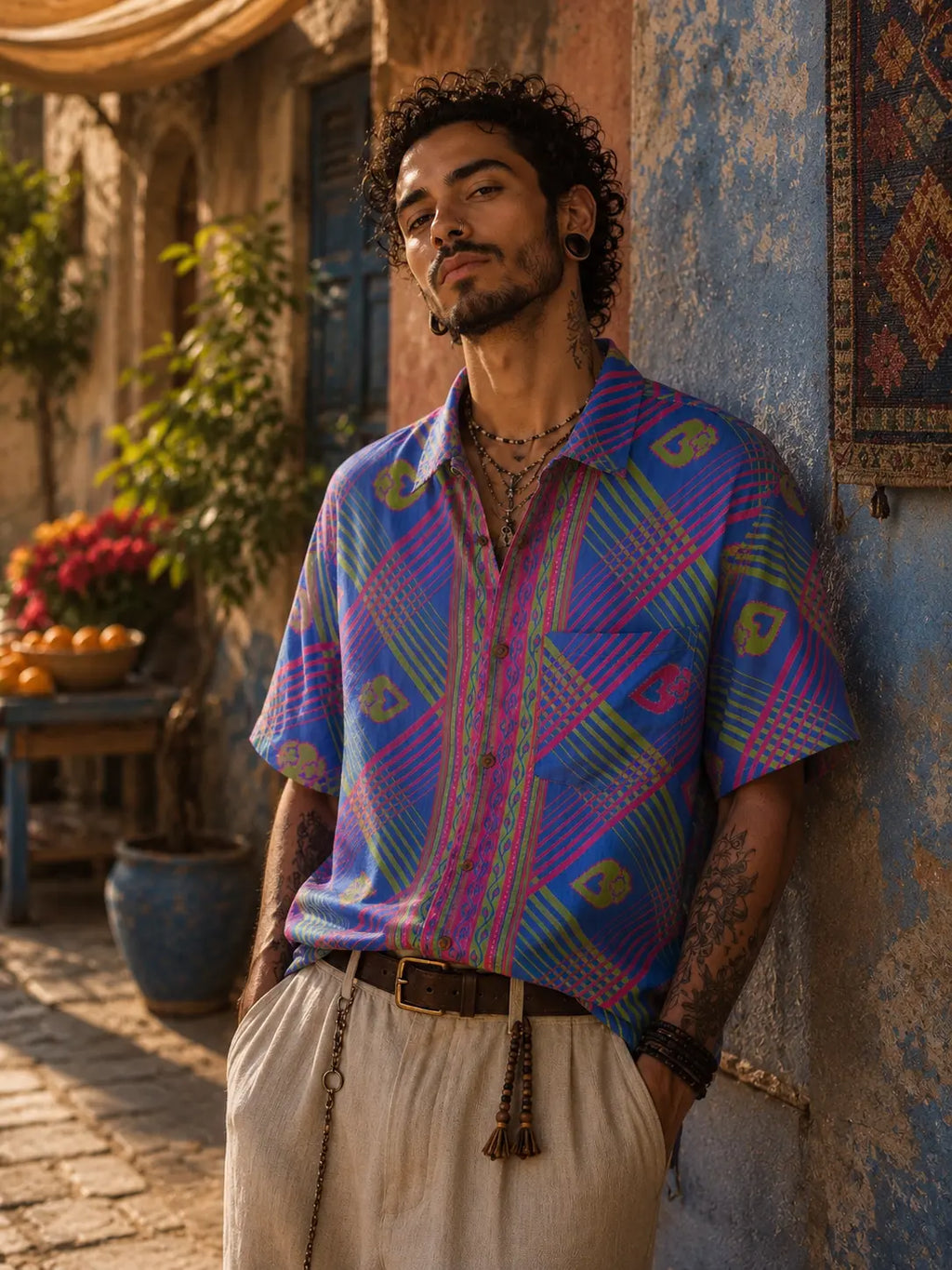 Camicia Etnica Blu Fucsia Neon - Geometrica Boho Sari - Taglia L CAMICIE PARTICOLARI