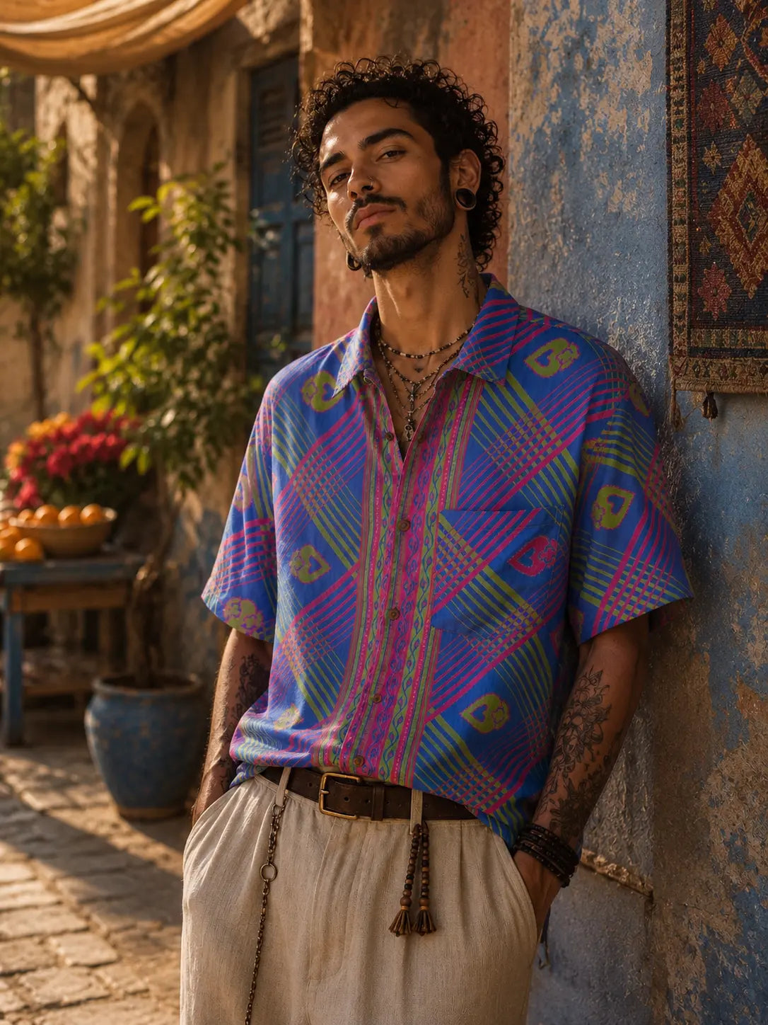 Camicia Etnica Blu Fucsia Neon - Geometrica Boho Sari - Taglia L CAMICIE PARTICOLARI