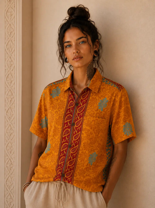Camicia Etnica Arancione Fantasia Floreale Boho - Taglia S CAMICIE PARTICOLARI