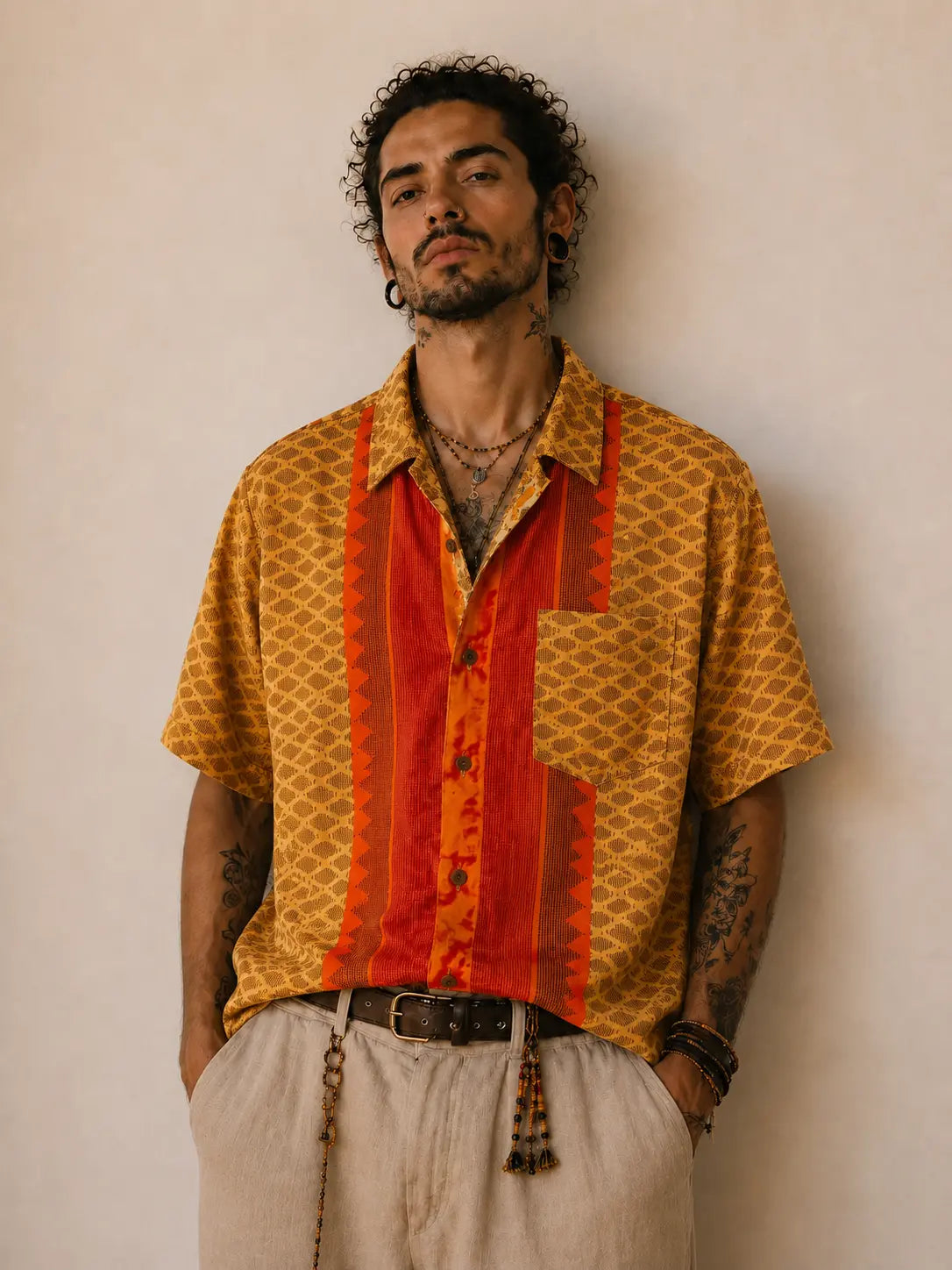 Camicia Etnica Oro Arancio - Rombi Geometrici Boho Sari - Taglia XL CAMICIE PARTICOLARI